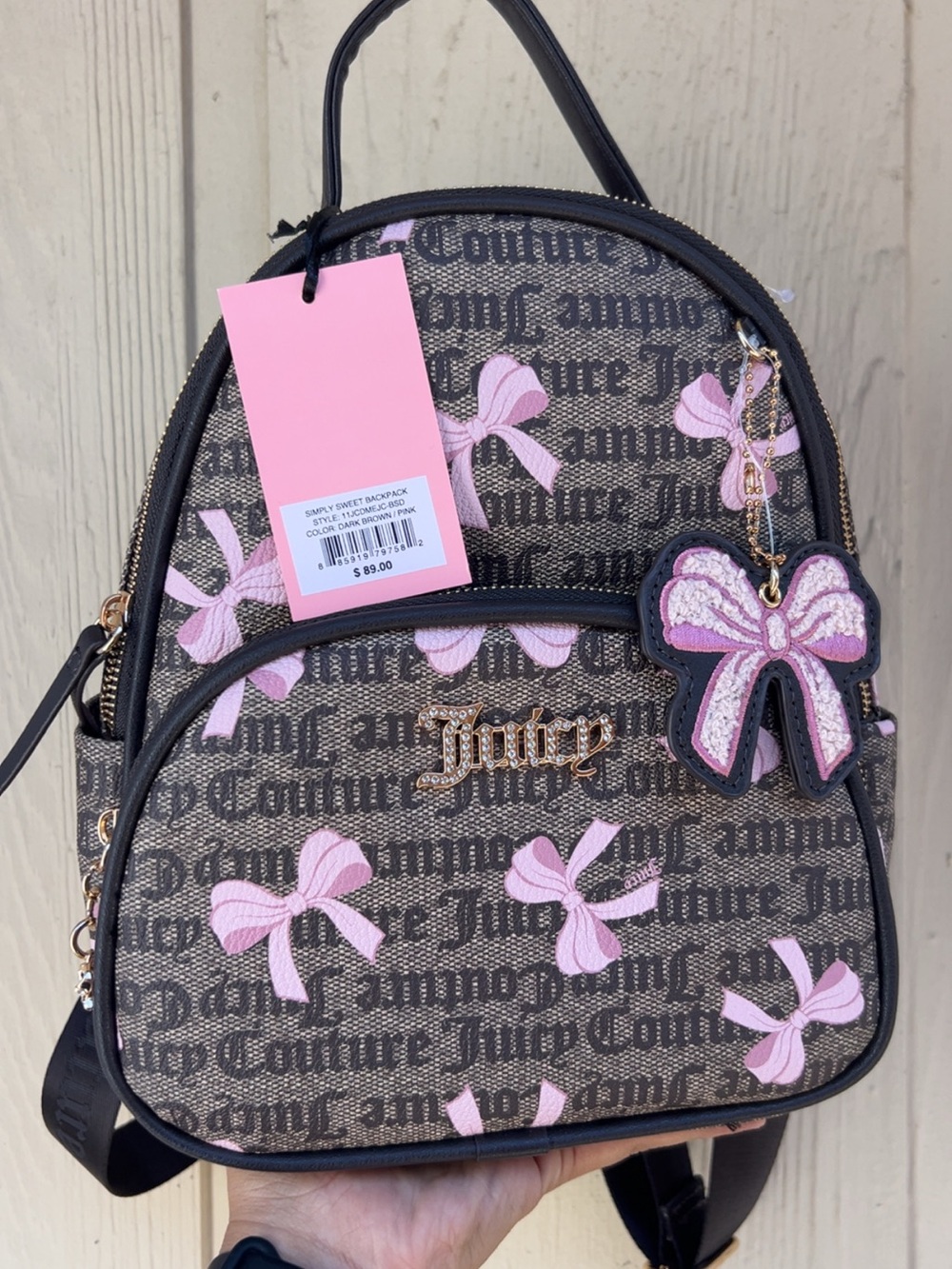 Juicy Couture Brown Monogram Backpack with Pink Bow Accents - Picture 2 of 7